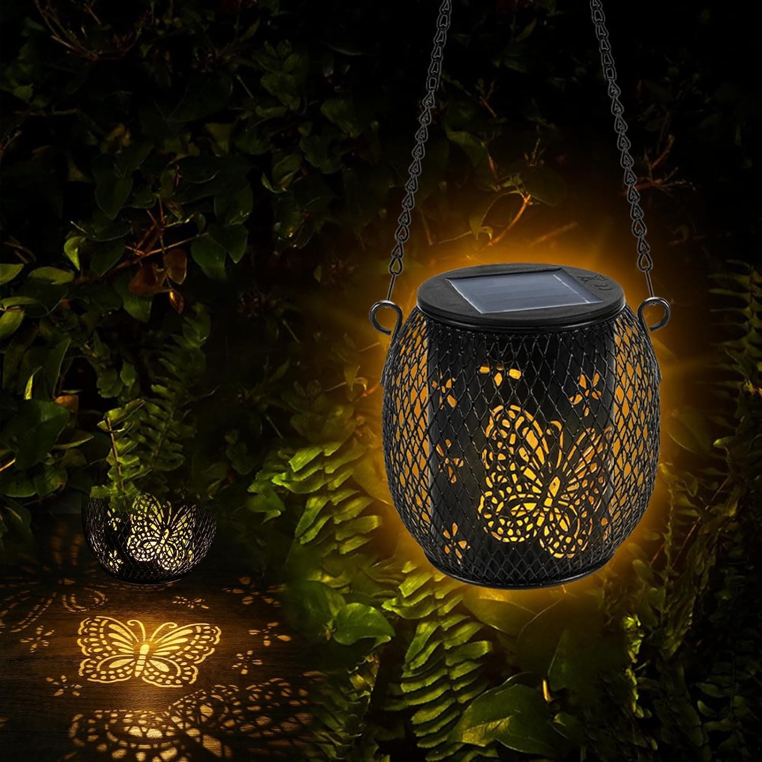 Lanternas solares exteriores, 2 peças pendentes candeeiros solares exteriores, IP65 impermeável lanterna solar para jardim, pátio, terraço, varanda Camping decoração - borboleta