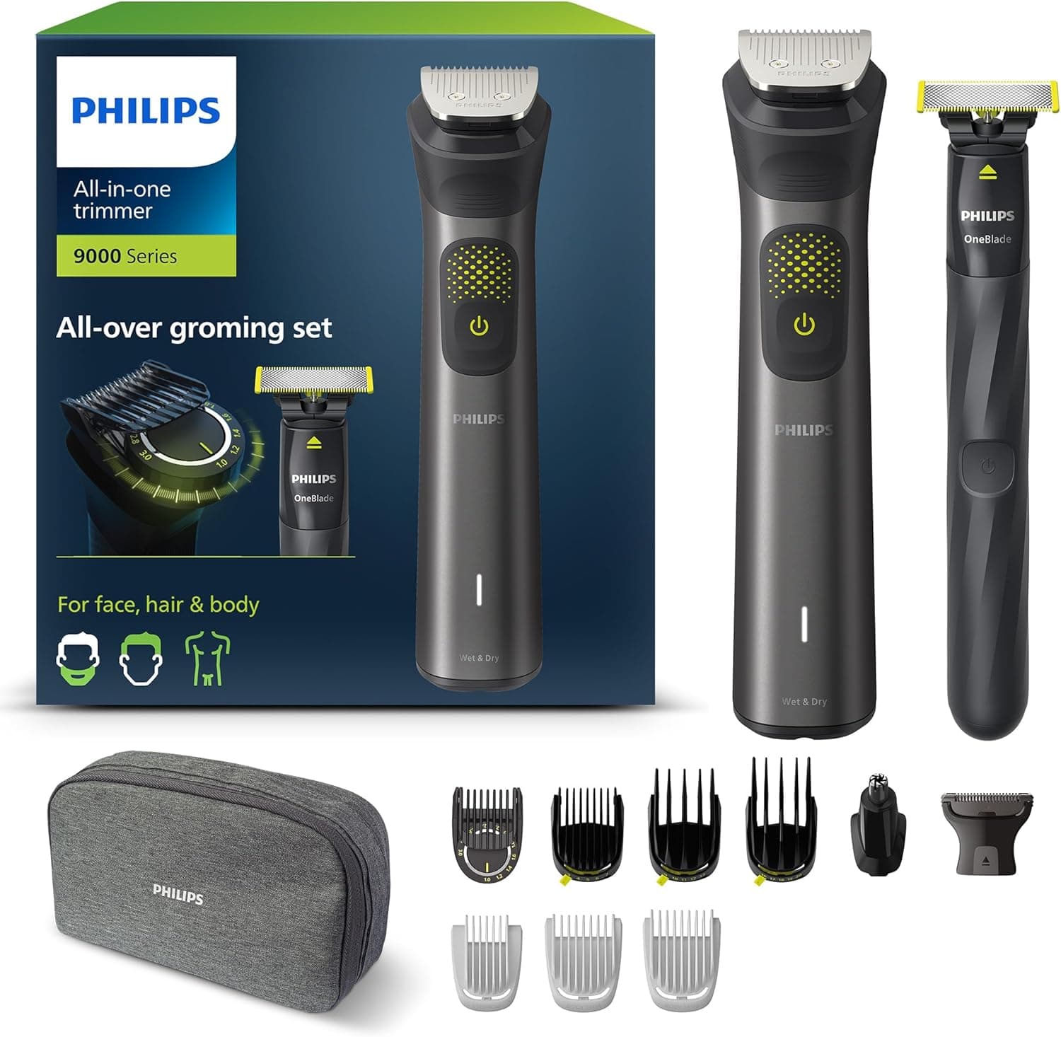 Philips Aparador de barba série 9000, máquina de cortar cabelo, corta-pelos para homem, kit 13 em 1 para rosto, cabelo, orelhas, nariz e corpo, 120 min de uso, seco e húmido, recarregável, OneBlade,