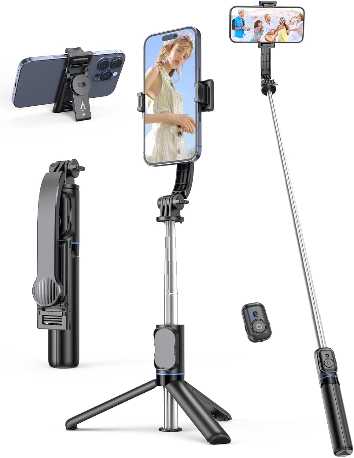 Selfie stick com suporte para telemóvel destacável, tripé extensível para telemóvel de 106 cm com controlo remoto, suporte rotativo de 360° para telemóveis iPhone, Samsung e Android (preto)