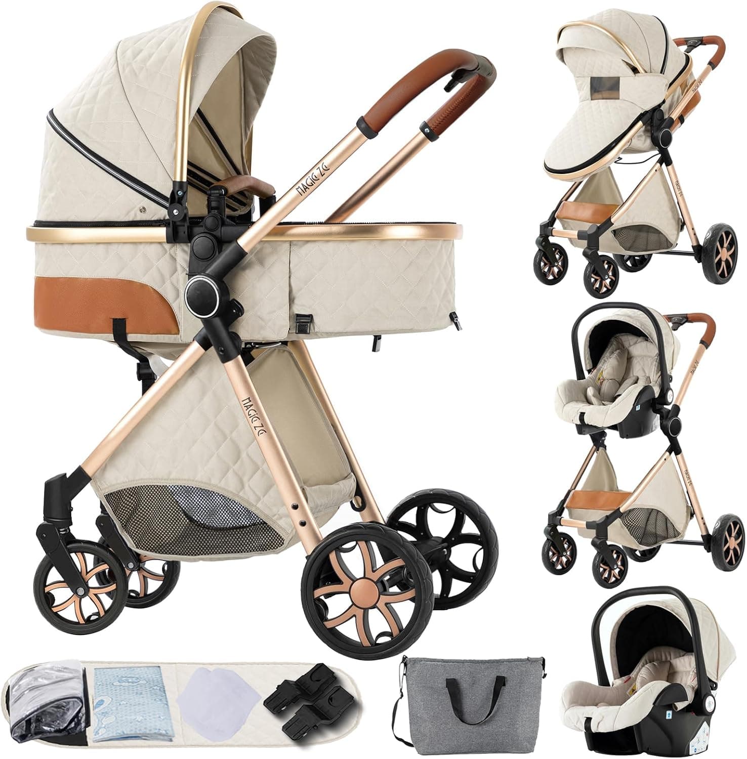 NADDLILY Carrinho de bebé 3 em 1 com design portátil dobrável de um clique, carrinho de bebé 3 peças com empurrão reversível bidirecional, carrinho de bebé de 3 peças com acessórios