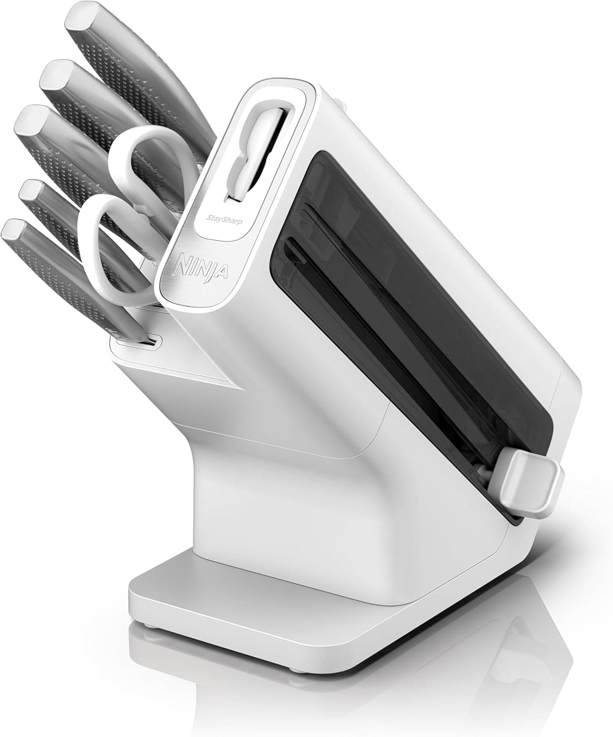 Ninja StaySharp Conjunto de 6 peças em aço inoxidável, afiador integrado, 5 facas (chef, para pão, bifador, multiusos e para descascar) e tesouras, branco, K62006EUWH