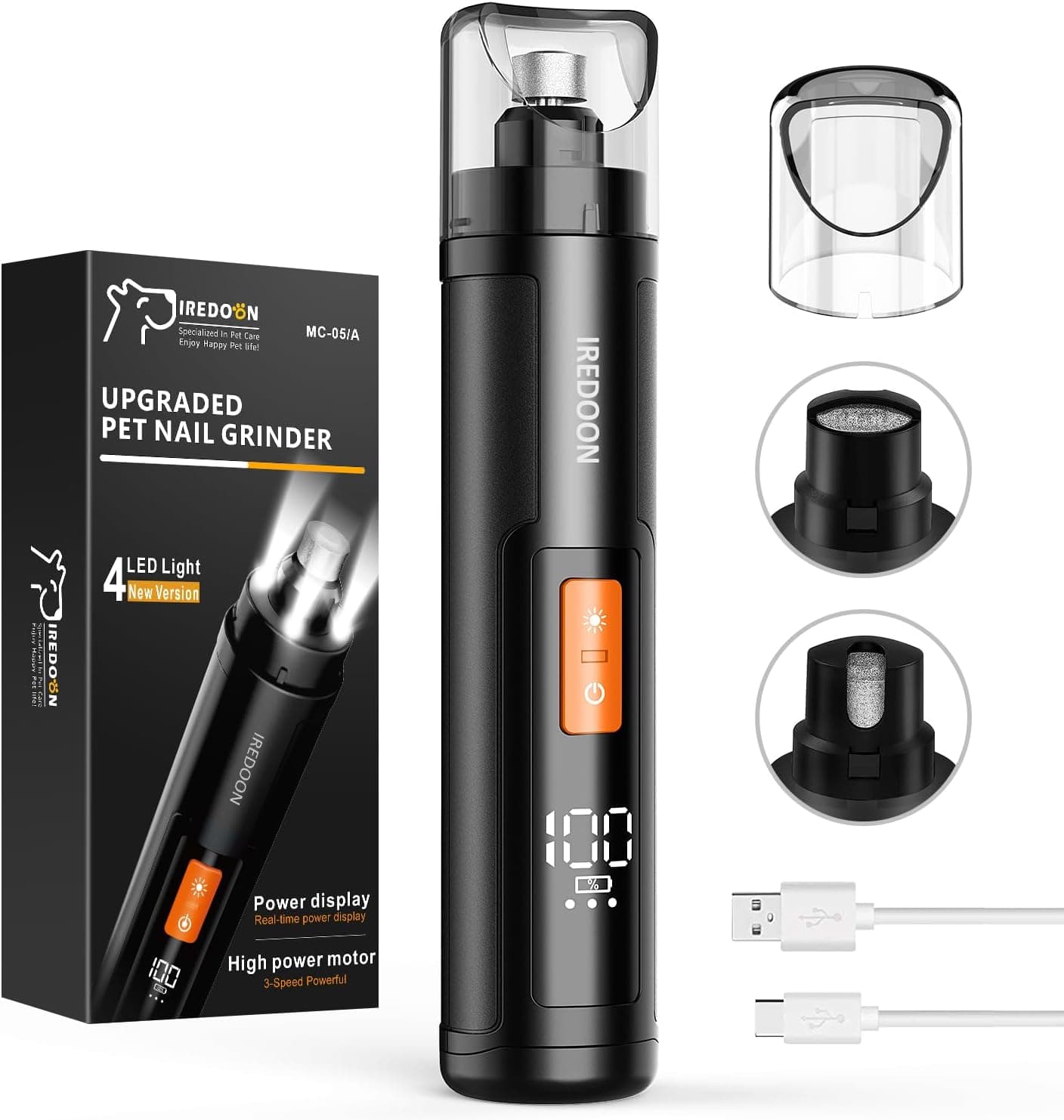 IREDOON Lima unhas cão atualizado - lima de unhas elétrica de 3 velocidades cães com 4 luzes LED, ultra silencioso, recarregável corta-unhas para animais de estimação para cães grandes, médios