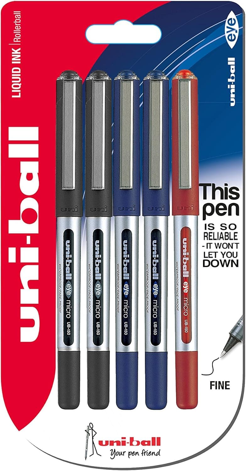 Uni-Ball UB-150 Eye Micro Pack de 5 canetas, 0,5 mm, preto, azul e vermelho