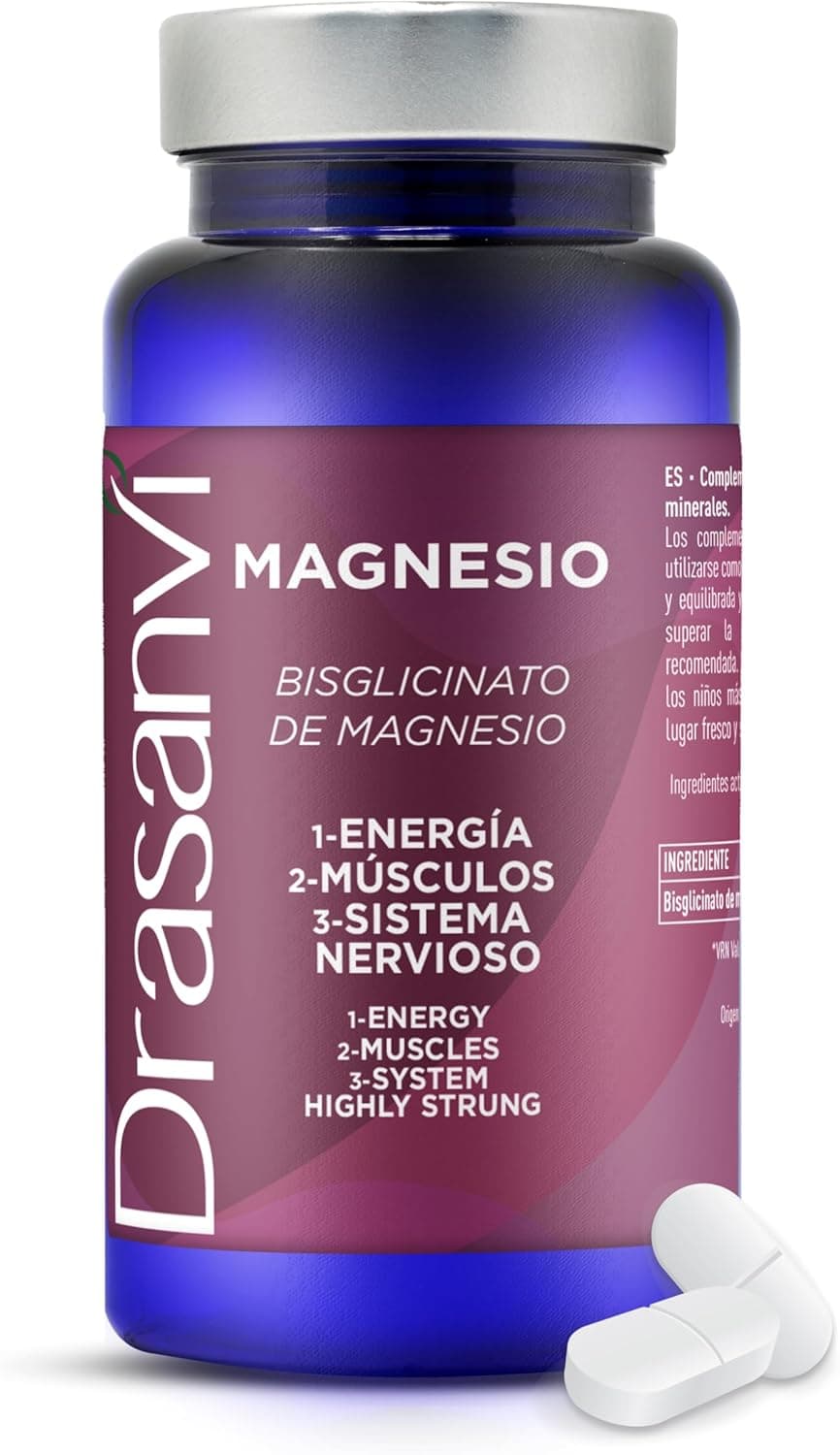 DRASANVI BISGLICINATO DE MAGNÉSIO | Relaxamento do sistema nervoso e moderação do stresse | Ossos e músculos, magnésio para combater o cansaço e a fadiga, Magnesium 60 comprimidos = 30 dias