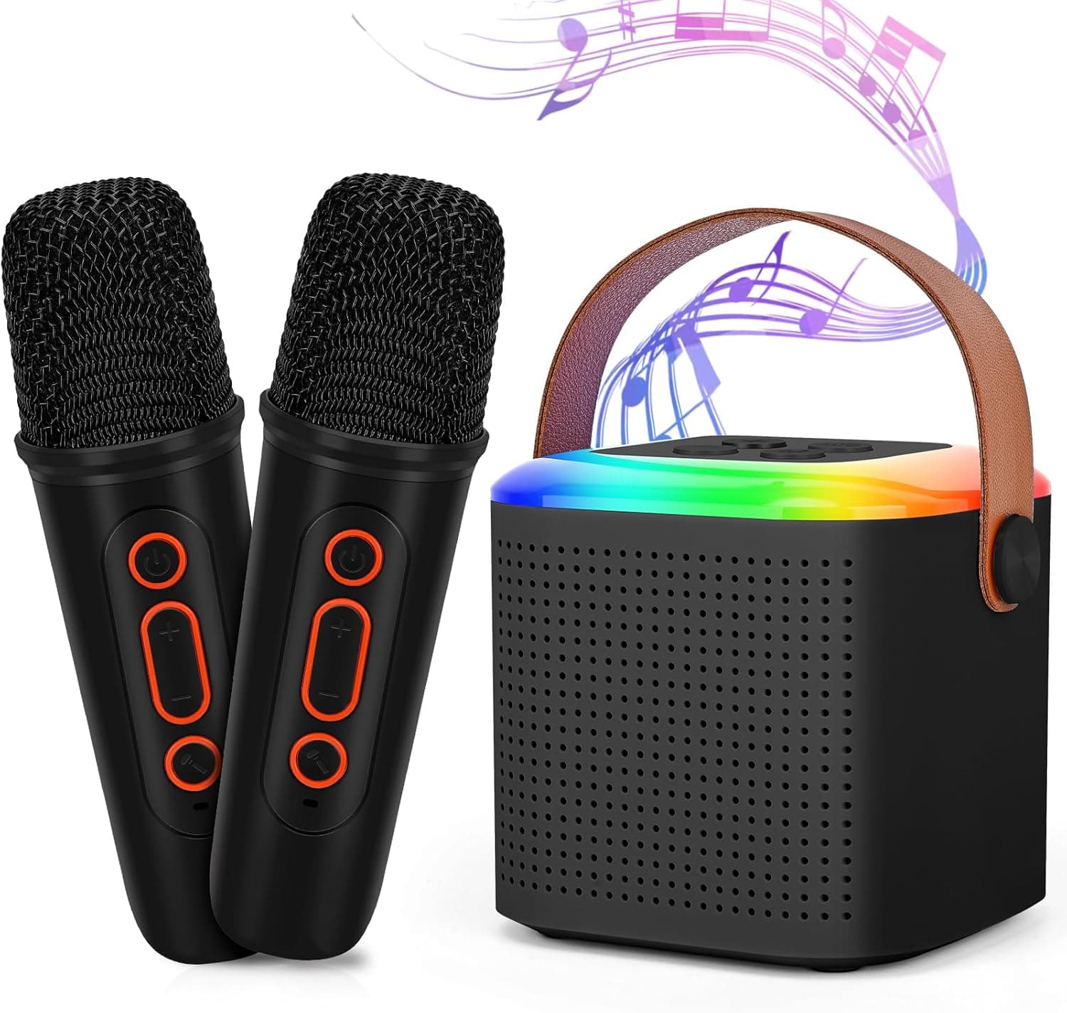 Mamowla Karaoke 2 Microfones sem fios Conjunto para crianças, brinquedos de karaoke com 2 microfones sem fios Bluetooth, microfone Karaoke com luzes LED portátil para iniciantes e crianças, Nero