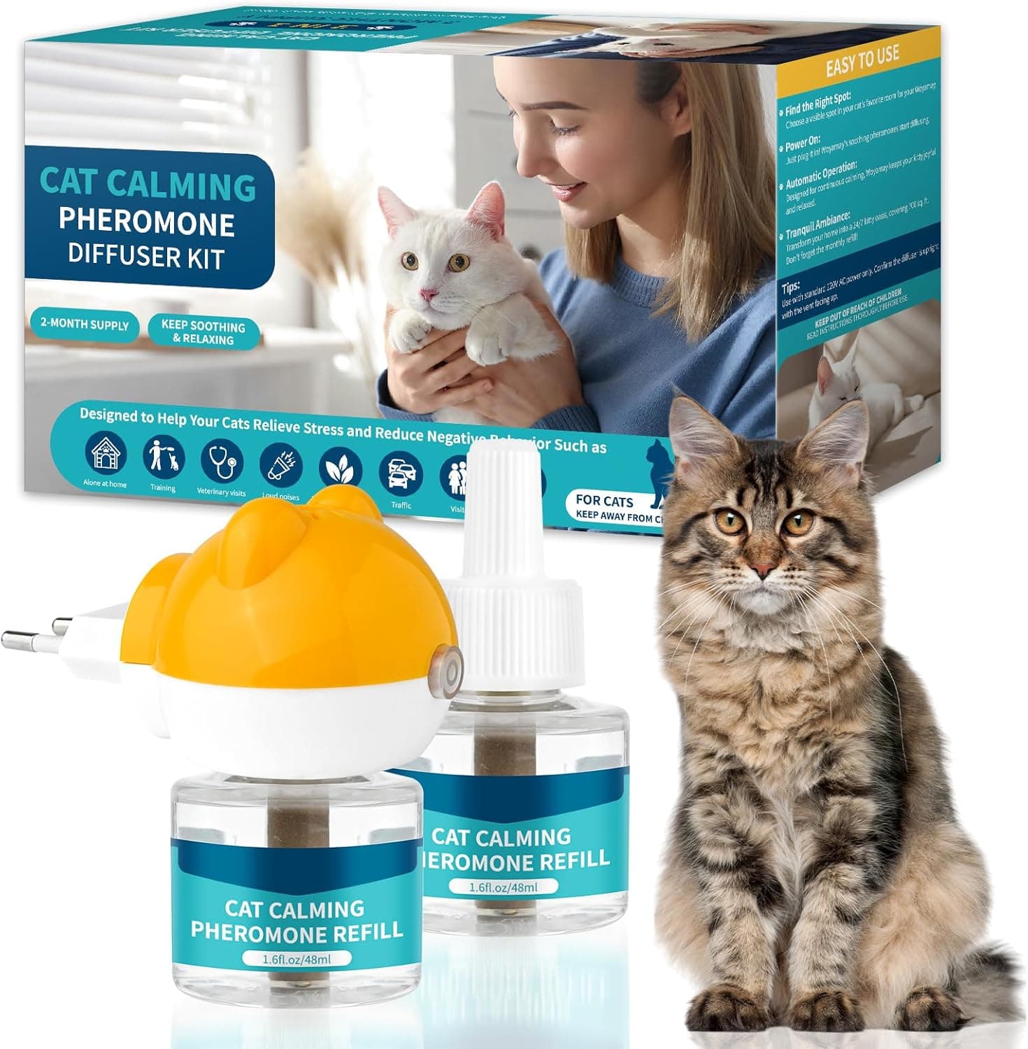 VICSOM Difusor feromonas para gatos 3 em 1 - 60 dias difusor feromonas gatos para gatos anti-stress gatos, relaxante para gatos, kit difusor de 48 ml, calmante para gatos (1 difusor 2 peças)