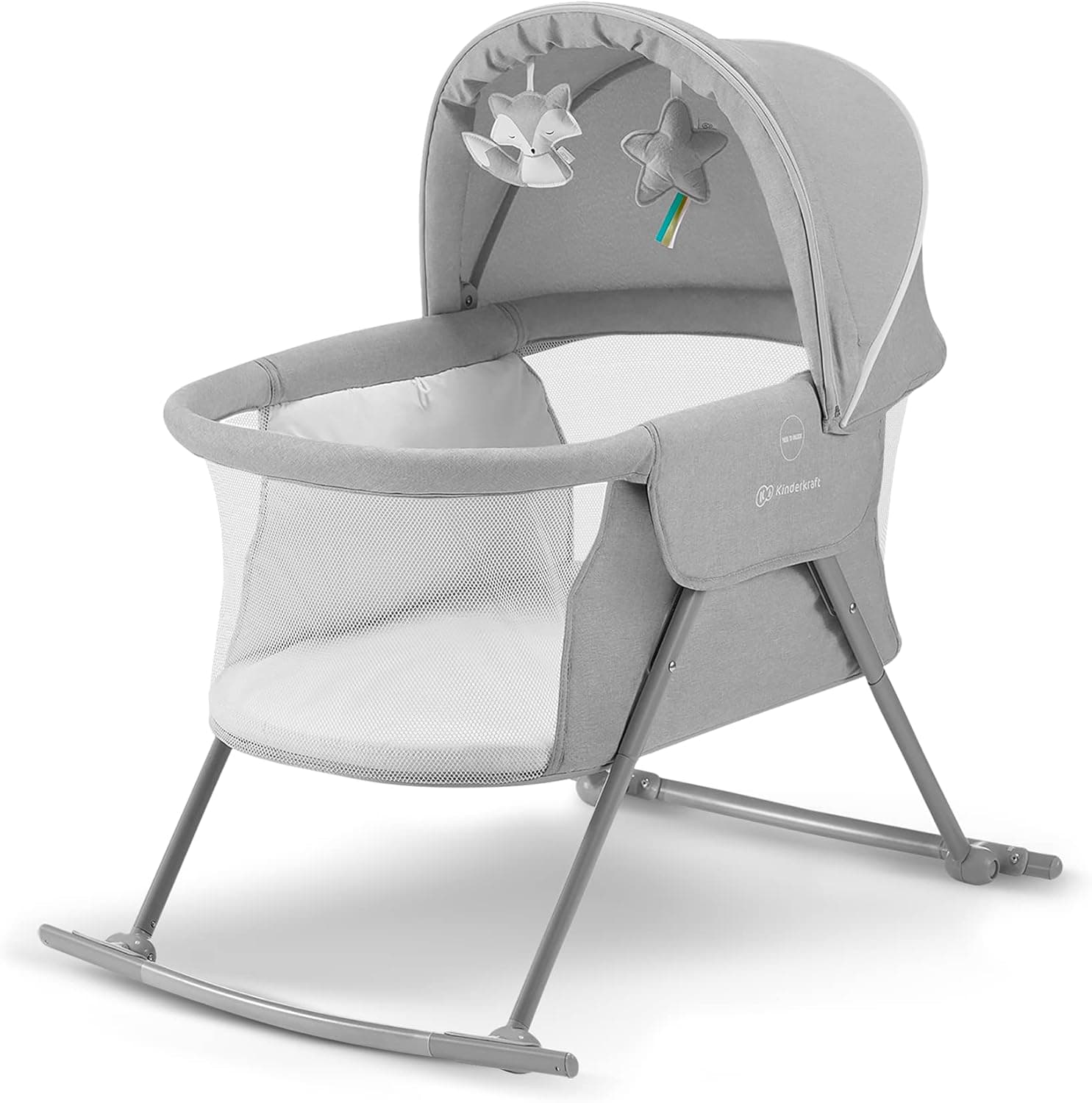 kk Kinderkraft LOVI Berço de baloiço bebé com colchão 3 em 1, berço de viagem, dobrável em 5 segundos, mosquiteira, inclui 2 brinquedos e saco de viagem, boa circulação de ar, cinzento