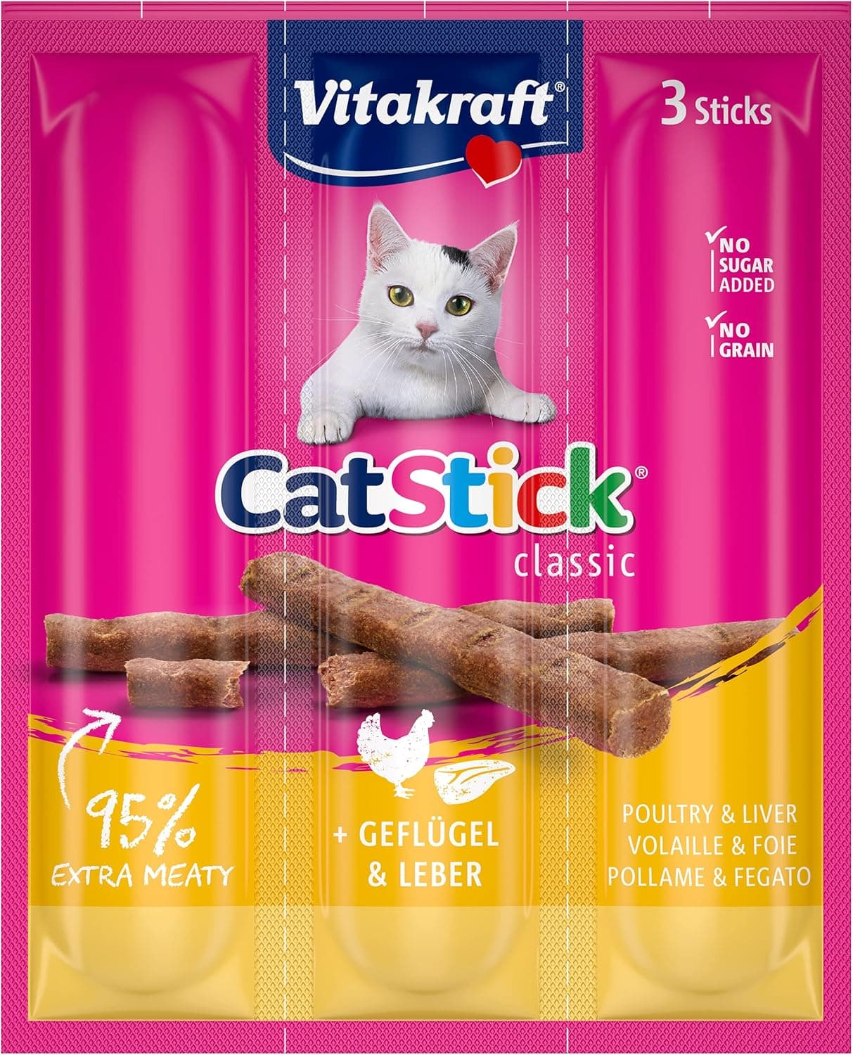 VITAKRAFT - Golosinas para gatos «Cat-Stick Mini», com aves e fígado, comida para gatos, saco fresco de 3 palitos de 6 g