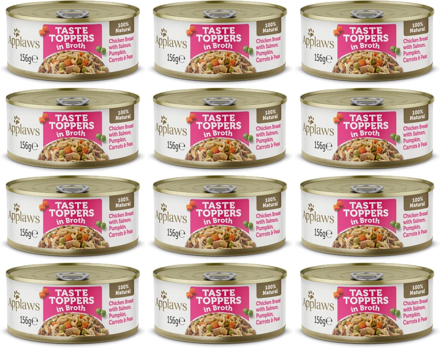 Applaws Taste Toppers 100 % natural Wet Dog Food Topper, frango com salmão e legumes em caldo de 156 g Tin (12 x 156 g latas)