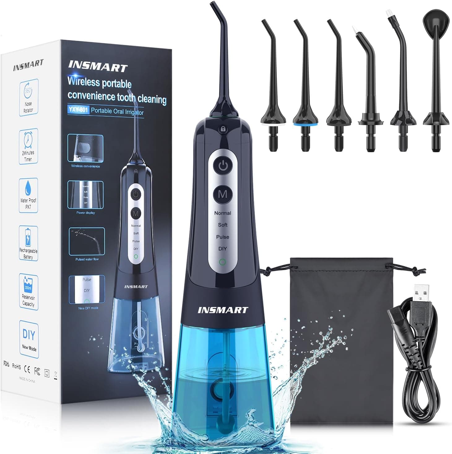 INSMART Irrigador bucal portátil, 300 ml irrigador dental sem fios portátil profissional limpar dentes com 6 boquilhas 4 modos para casa e viagens, IPX7 impermeável USB recarregável para