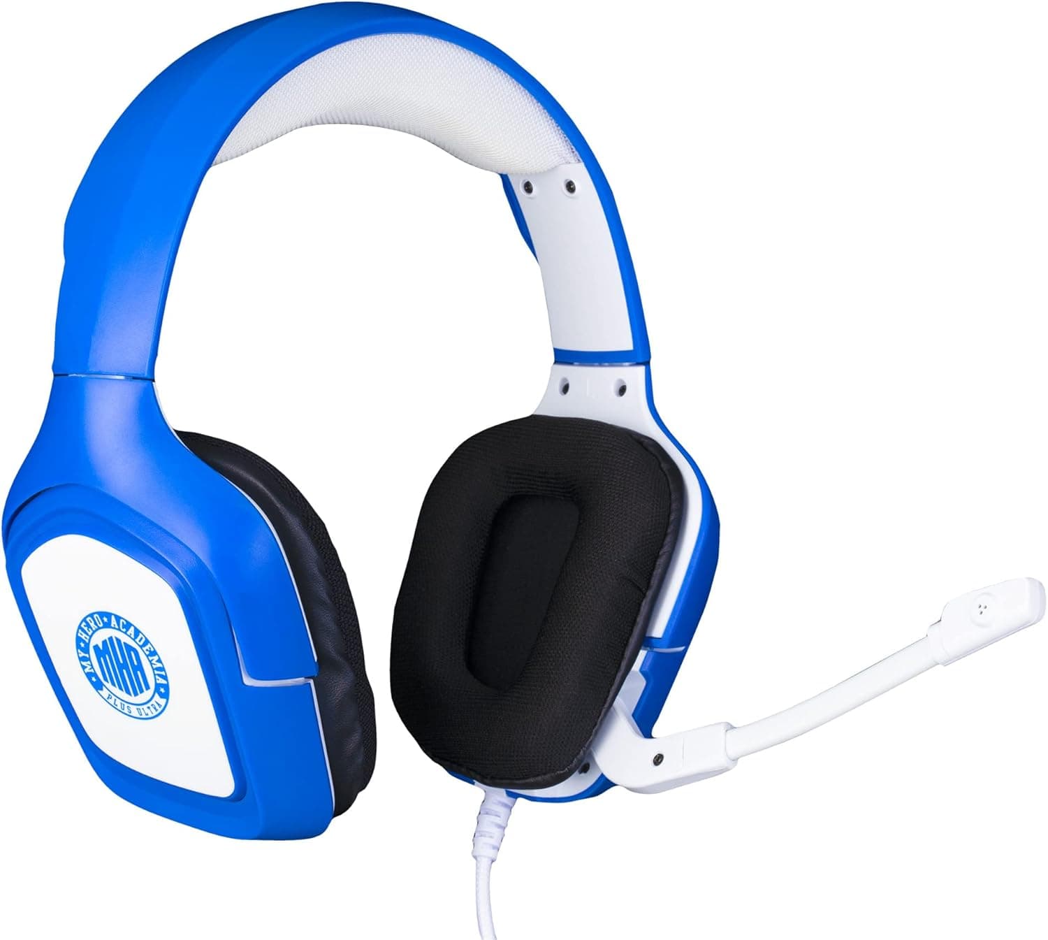 Fones de ouvido com fio Konix My Hero Academia para jogos PS4, PS5, Switch, Xbox One e Series X|S - Microfone - Cabo de 1,5 m - Conector de 3,5 mm - Branco e Azul