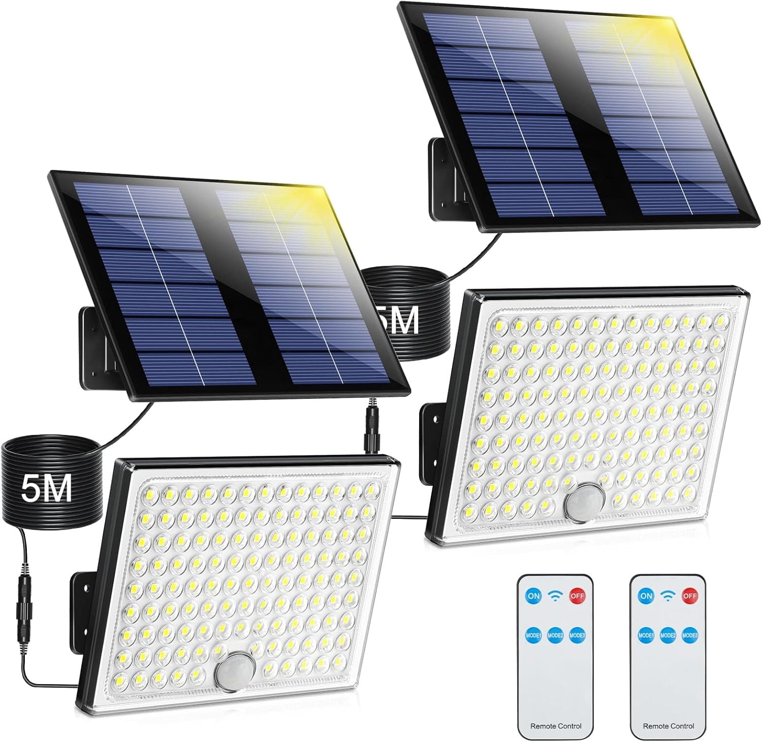 Luz solar exterior com sensor de movimento, holofote solar exterior com controlo remoto, 2000 mAh 3 modos IP65, impermeável luzes solares LED exterior e jardim, candeeiro solar exterior com cabo de 5
