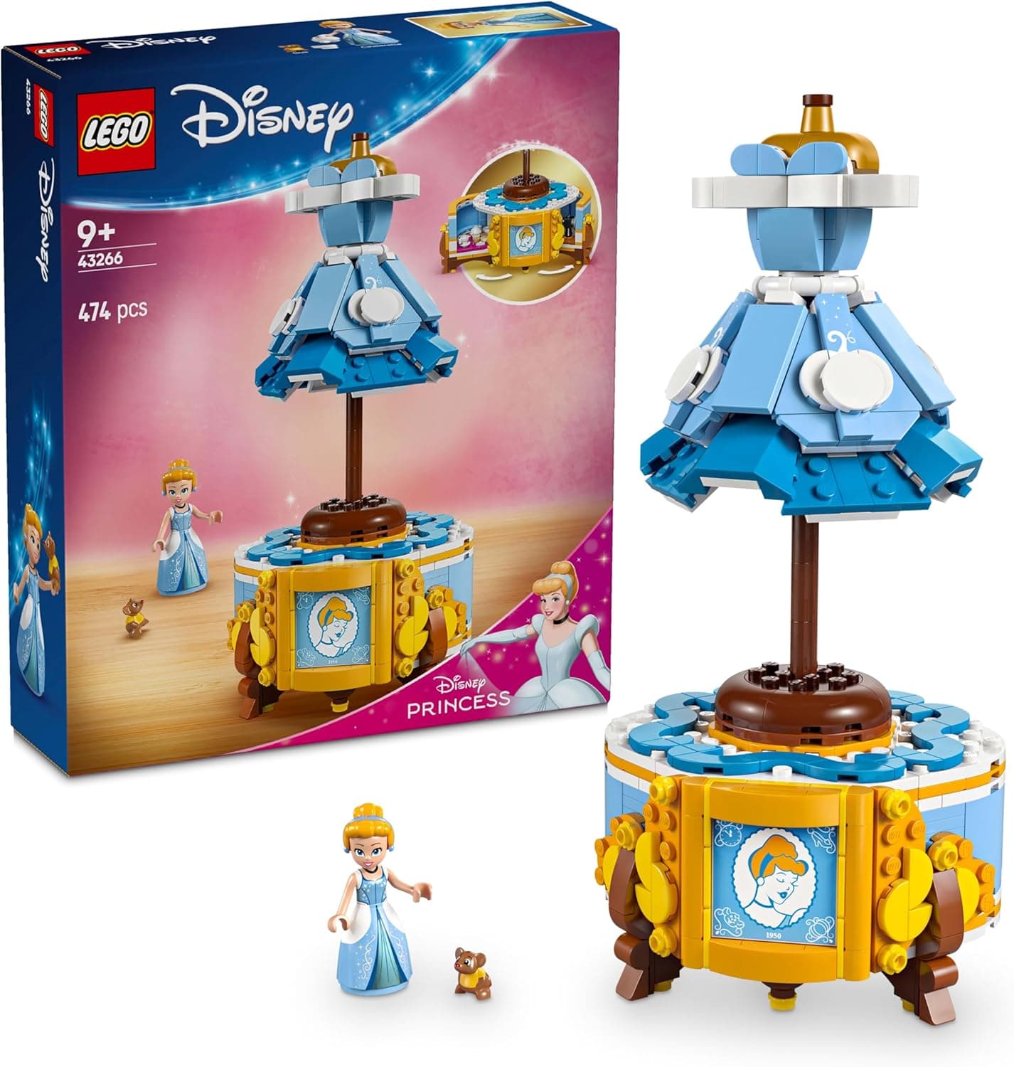 LEGO TIENDAEURASIA Disney Princess Fato de cinderela com mini boneca, brinquedo de construção com vestido de princesa e figura de animal de Gus, presente criativo para meninas e meninos de 9 anos fãs