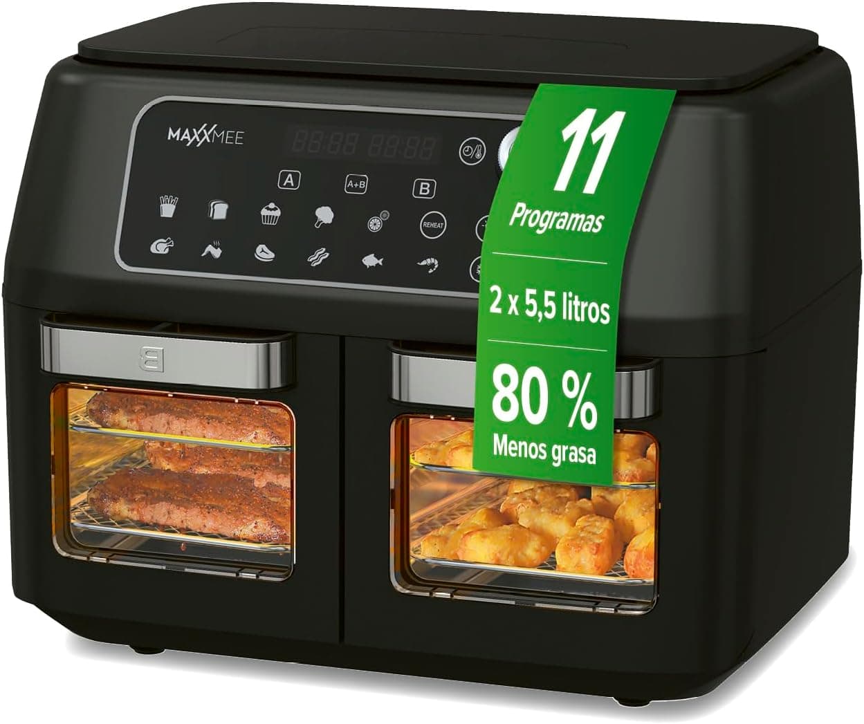 MAXXMEE Frigideira de ar quente de câmara dupla 11 l | Combinação inteligente de forno de ar quente, grelha e fritadeira com 2 compartimentos XXL de 5,5 litros cada um | Painel de controlo