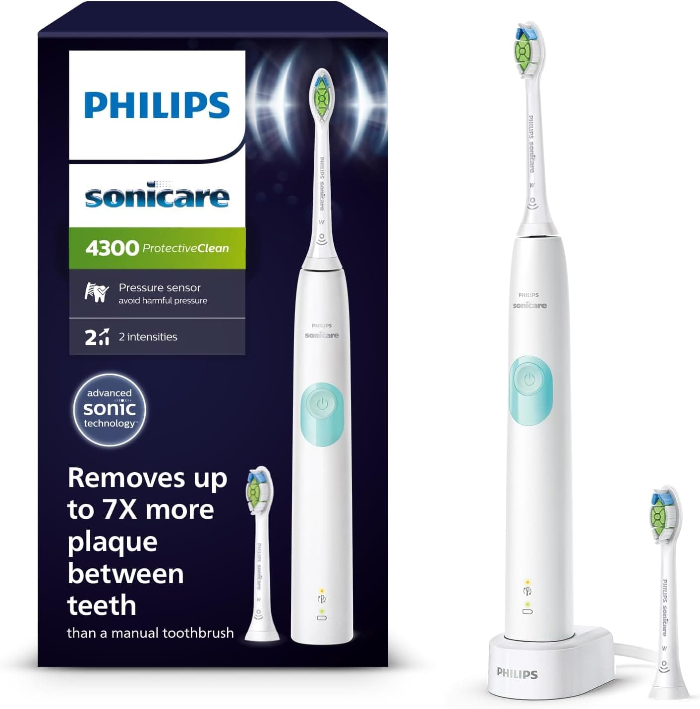 Philips Sonicare ProtectiveClean 4300, escova de dentes elétrica, escova de dentes sónica com dois níveis de intensidade, sensor de pressão e temporizador, branco, modelo HX6807/51
