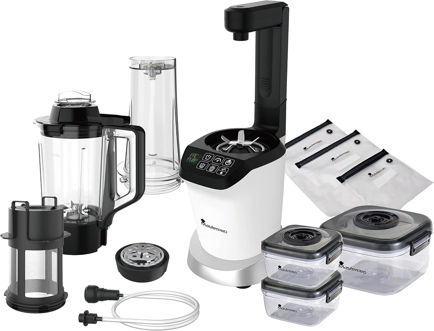 MasterPRO Trio Nutrimix Kit misturadora 3 em 1, conjunto de liquidificadora a vácuo, painel Deluxe - motor 127 V até 20.000 rpm, bomba de vácuo removível, jarro aquecedor Tritan 1,5 l, copo Tritan 700