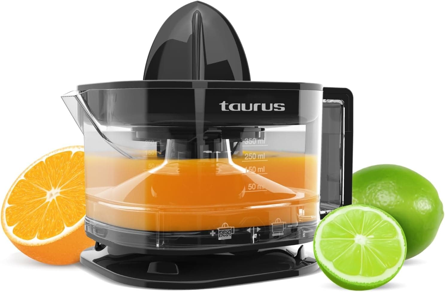 Taurus TC-350, espremedor de laranja elétrico, 350 ml de sumo, jarro transparente graduado, duplo sentido de rotação, design compacto, adequado para máquina de lavar louça. Cor preta
