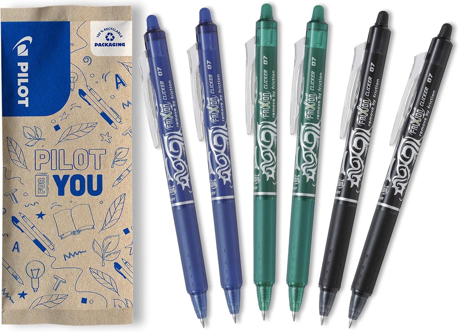 PILOT Frixion Ball Clicker | Pack de 6 canetas roller apagáveis recarregáveis com tinta termossensível em azul, preto e verde