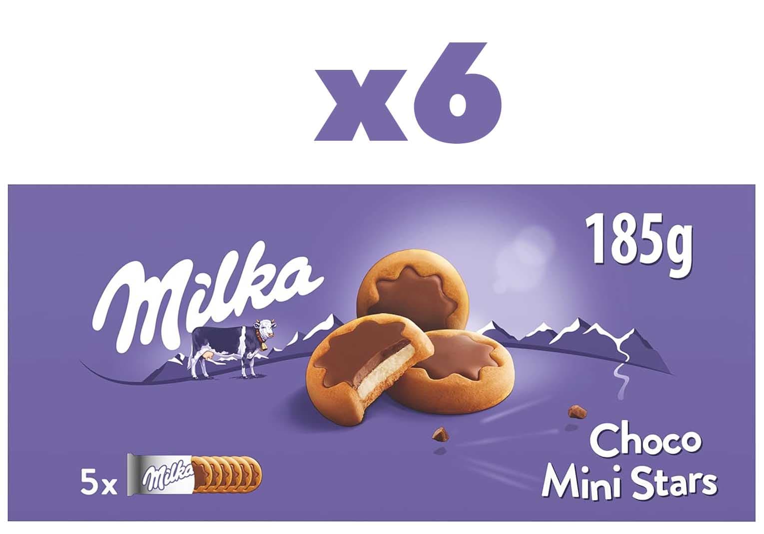 Milka Choco Mini Stars bolachas em forma de estrela com enchimento de leite e capas com chocolate com leite dos Alpes 185 g (x6)