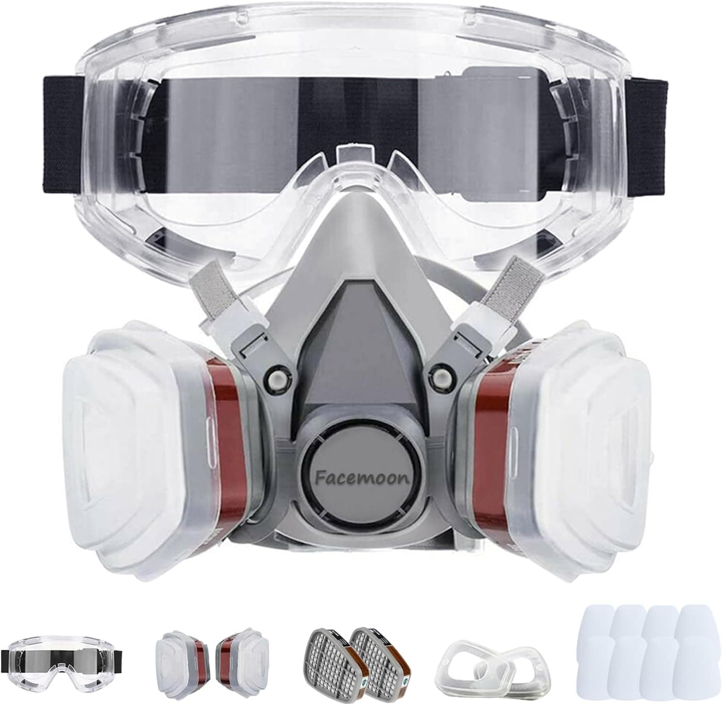 Facemoon Máscara de gás semi-máscara reutilizável com óculos de segurança, filtros para pintura, química, vapor orgânico e outras proteções de trabalho