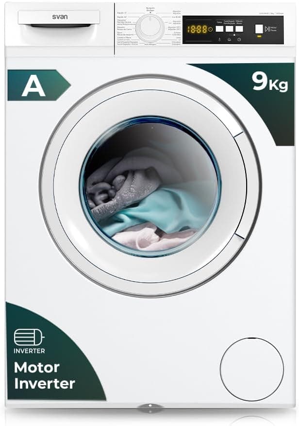 Svan Máquina de lavar 9 kg carga frontal branca SL9120DID. 2200W, 1200 rpm, Inverter Motor, 15 Programas, Função Stop &Go, Classe de eficiência energética A 
