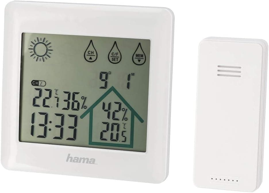 Hama Estação meteorológica interior e exterior com relógio digital, com função relógio e data, medição de temperatura e humidade e com previsão do tempo, cor branca