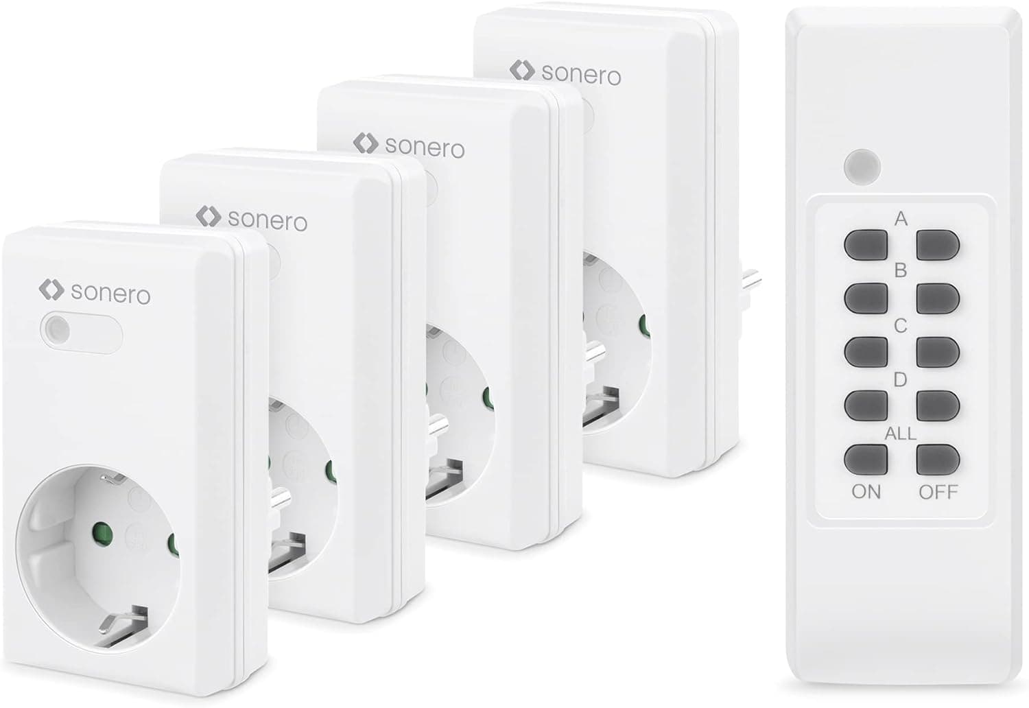 sonero Conjunto de tomadas controladas por rádio: 4 tomadas controladas por rádio e 1 controlo remoto por rádio, 1100 watts, alcance máximo de 30 m, interior, branco