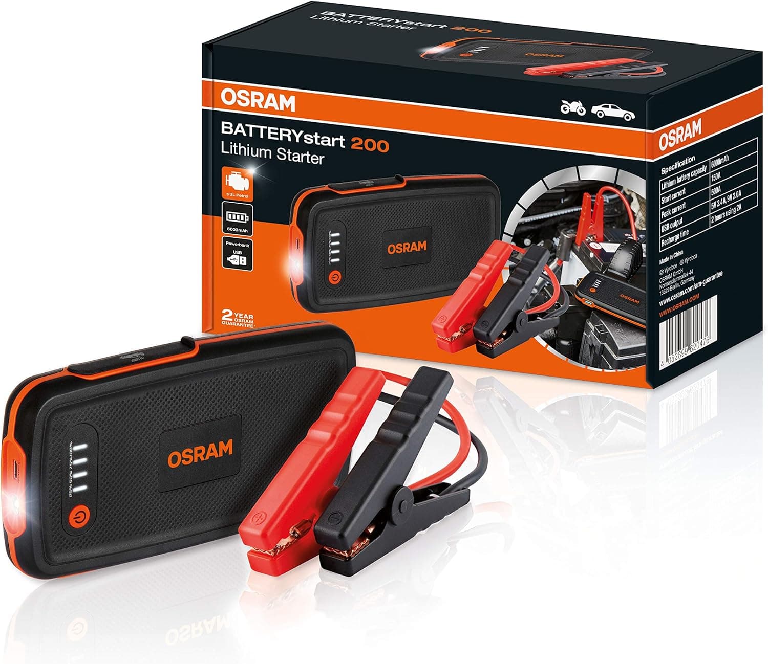 OSRAM BATTERYstart 200 | Arrancador de bateria de lítio 6000 mAh com função powerbank para motores a gasolina até 3 litros
