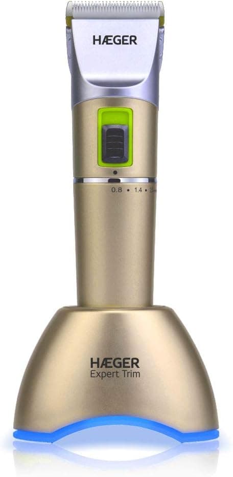 HAEGER EXPERT TRIM - Corta-pelos profissional, recarregável, com ou sem cabos, 2 velocidades, base com luz LED azul, posição de carga rotativa 360º, bateria de lítio de alta capacidade e desempenho