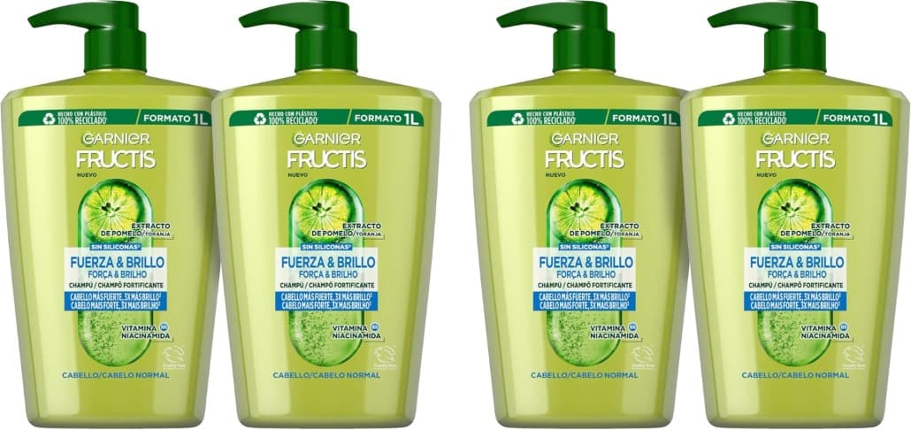 Garnier Fructis Shampoo força e brilho XXL com vitamina B6, niacinamida e extrato de toranja para um cabelo mais forte e brilhante, 4 x 1000 ml
