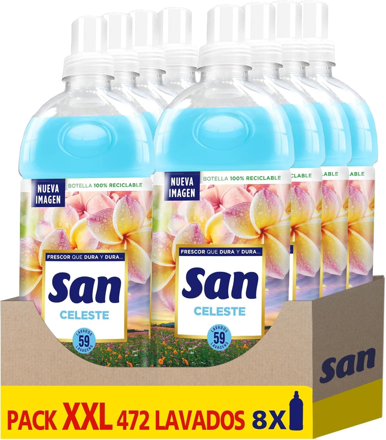 SAN Amaciador líquido concentrado, suave, fragrância duradoura celeste, embalagem de 8 x 59 lavagens = 472 doses