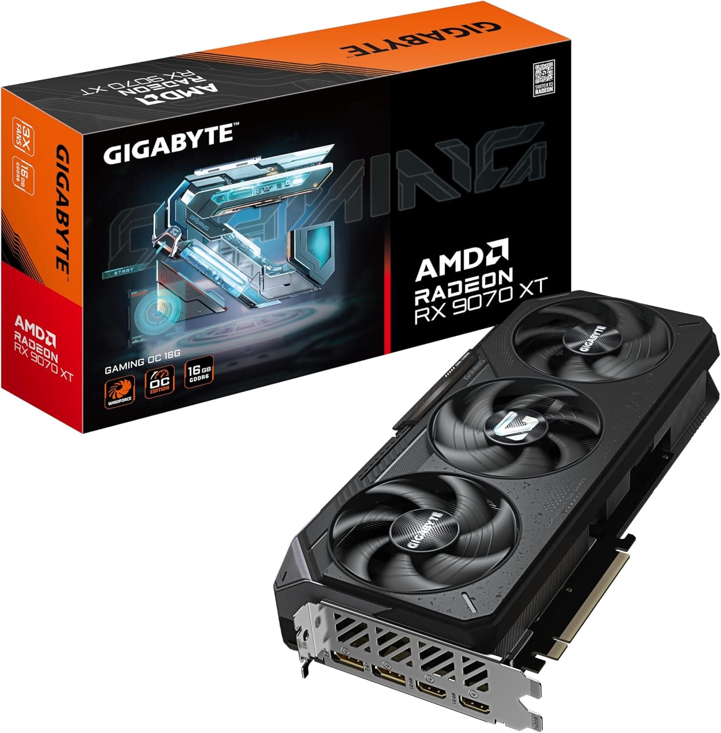 Gigabyte Radeon RX 9070 XT Gaming OC 16G placa gráfica, 16 GB GDDR6, 256 bits, PCI-E 5.0, 3060 MHz frequência base, 2 x DisplayPort, 2 x HDMI, GV-R9070XTGAMING OOO. C-16G D