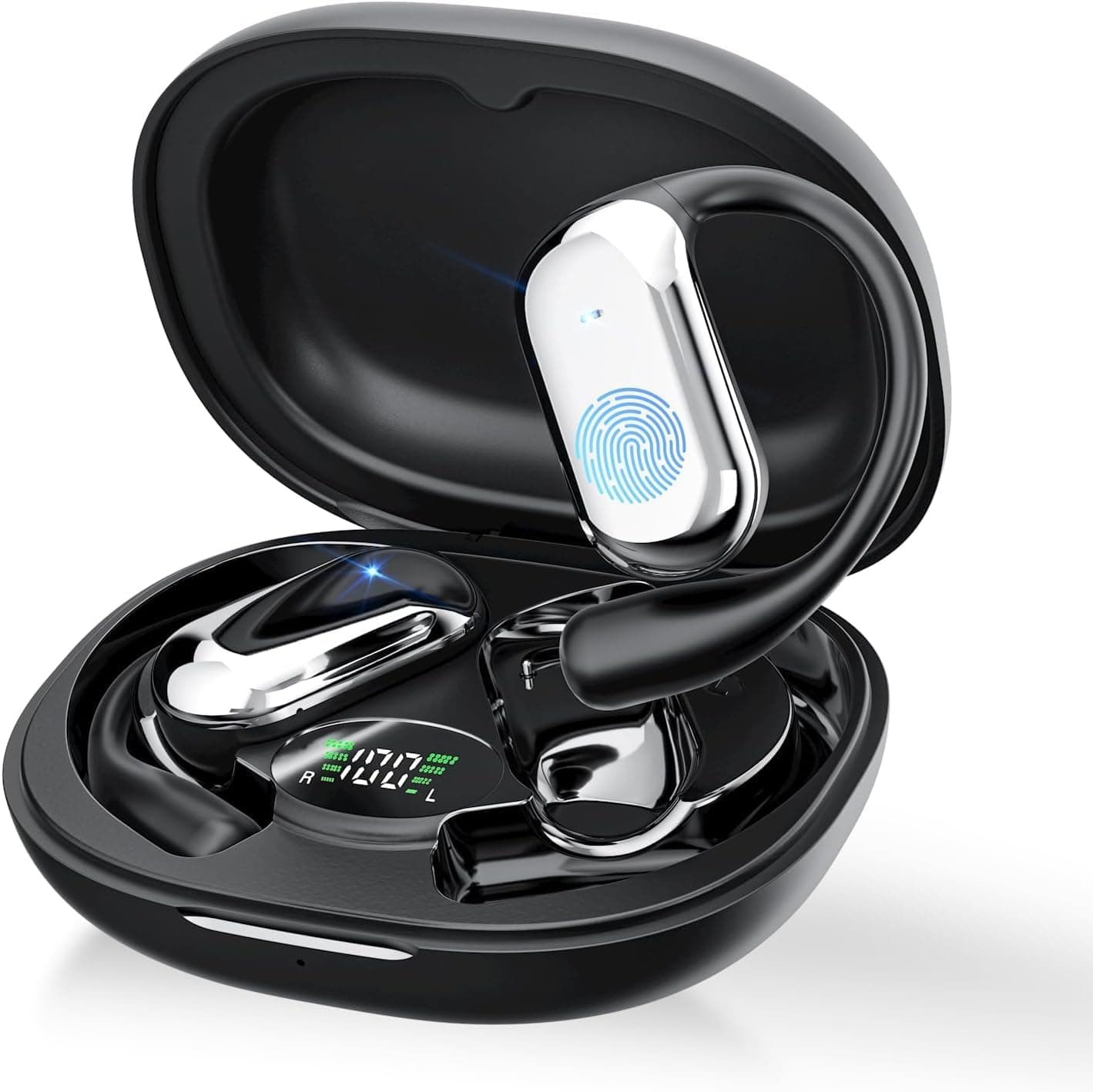 Auriculares orelha aberta Bluetooth 5.4, auriculares sem fios desportivos com gancho, reprodução de 50H ecrã LED, capacetes com microfone incorporado, controlo tátil