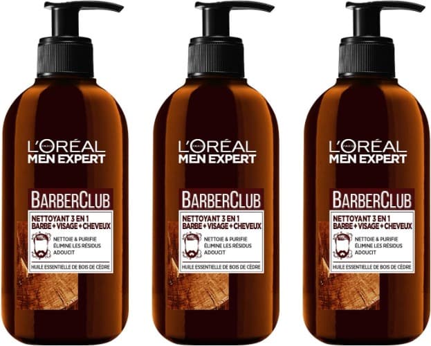 L'Oréal Men Expert - BarberClub - Champô 3-em-1 para barba, rosto e cabelo de homens - com óleo essencial de madeira de cedro - 200 ml x 3