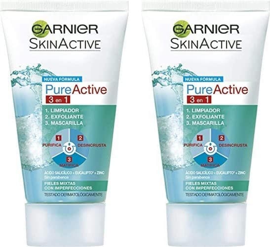 GARNIER Skin Active, Pure Active 3 em 1, limpeza, esfoliante e máscara - 150 ml x 2