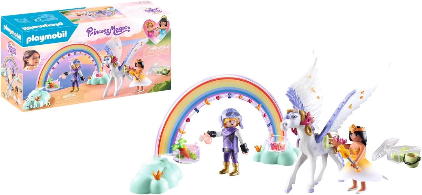 PLAYMOBIL Princess Magic 71361 Pégaso com arco-íris nas nuvens, conjunto encantador de conjunto com acessórios para cuidar e alimentar a pegaso, brinquedos para crianças a partir de 4 anos