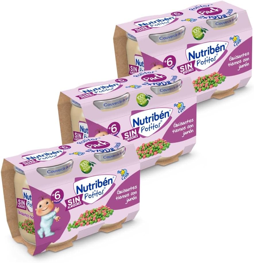 Nutribén Potinhos de ervilhas e presunto para bebés a partir dos 6 meses, 190g x 6