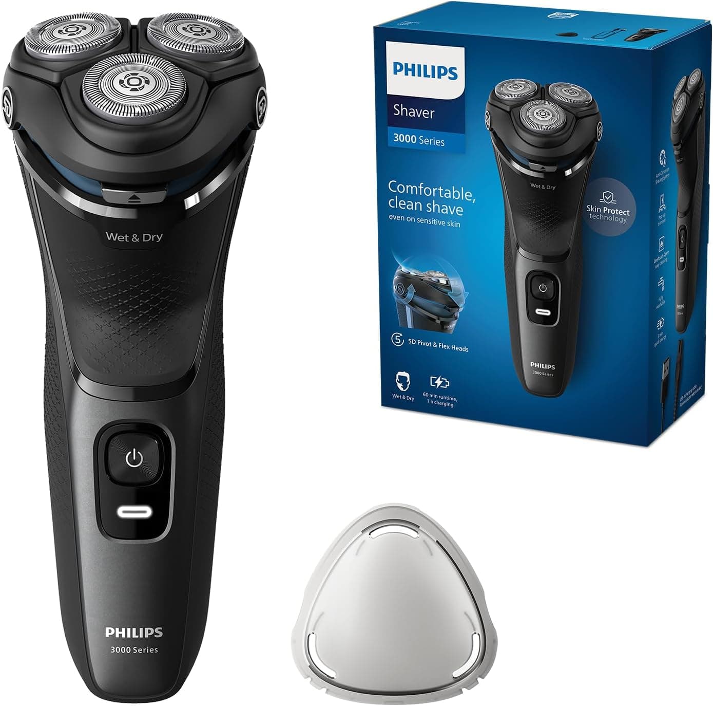 Philips Série 3000 Máquina de barbear elétrica para homem, máquina de barbear com cortinadores, 27 lâminas, cuidado da pele, 60 min de uso, seco e húmido, recarregável, S3145/00, lua