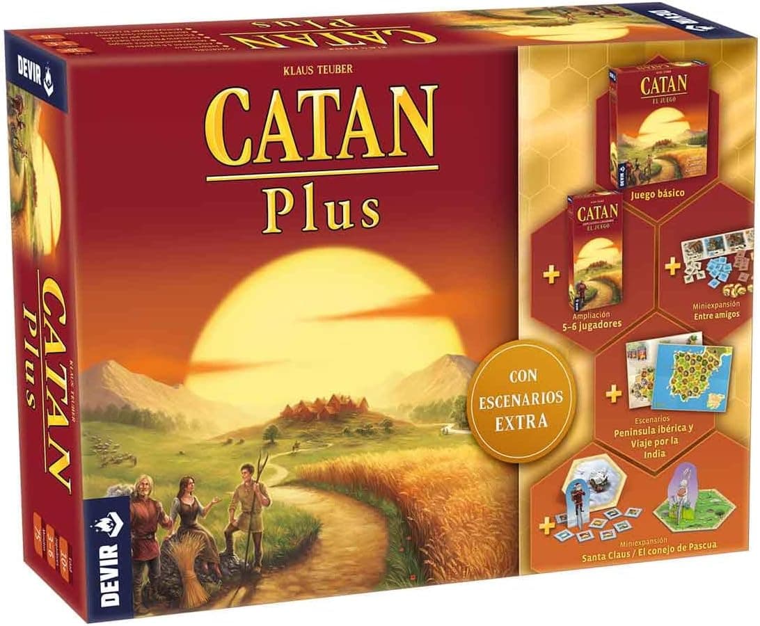 Catan Plus Conjunto de mesa, edição de 2023 que inclui conjunto básico, ampliação para 5-6 jogadores, 2 miniexpansões e 2 cenários alternativos