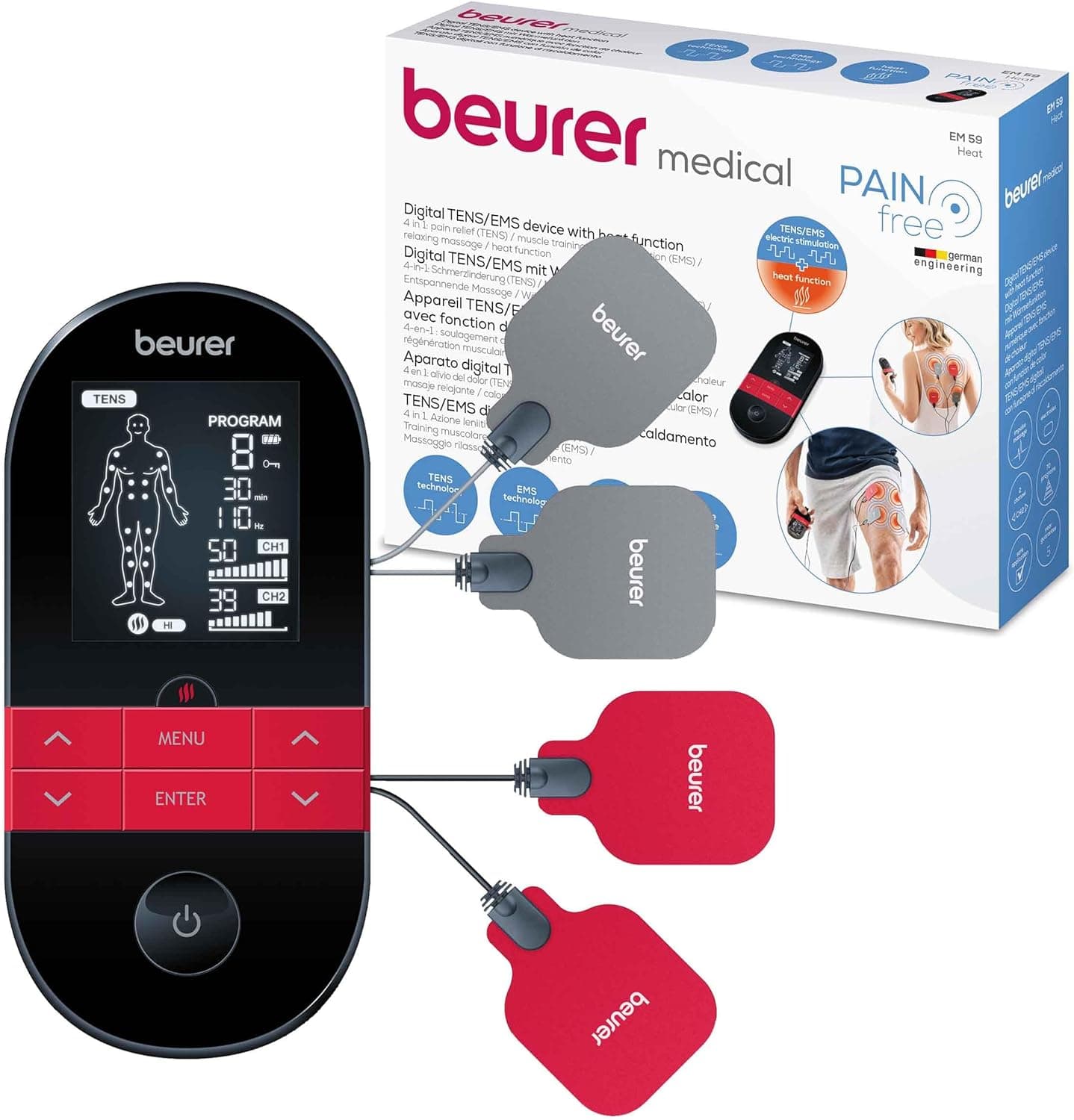 Beurer EM 59 Eletroestimulador digital com função de calor, tens, ems e massagem, 2 canais, função de calor, 4 elétrodos, com almofadas de gel, intensidade regulável, temporizador, cor negro rojo Dispositivo TENS/EMS com 4 elétrodos + função de calor