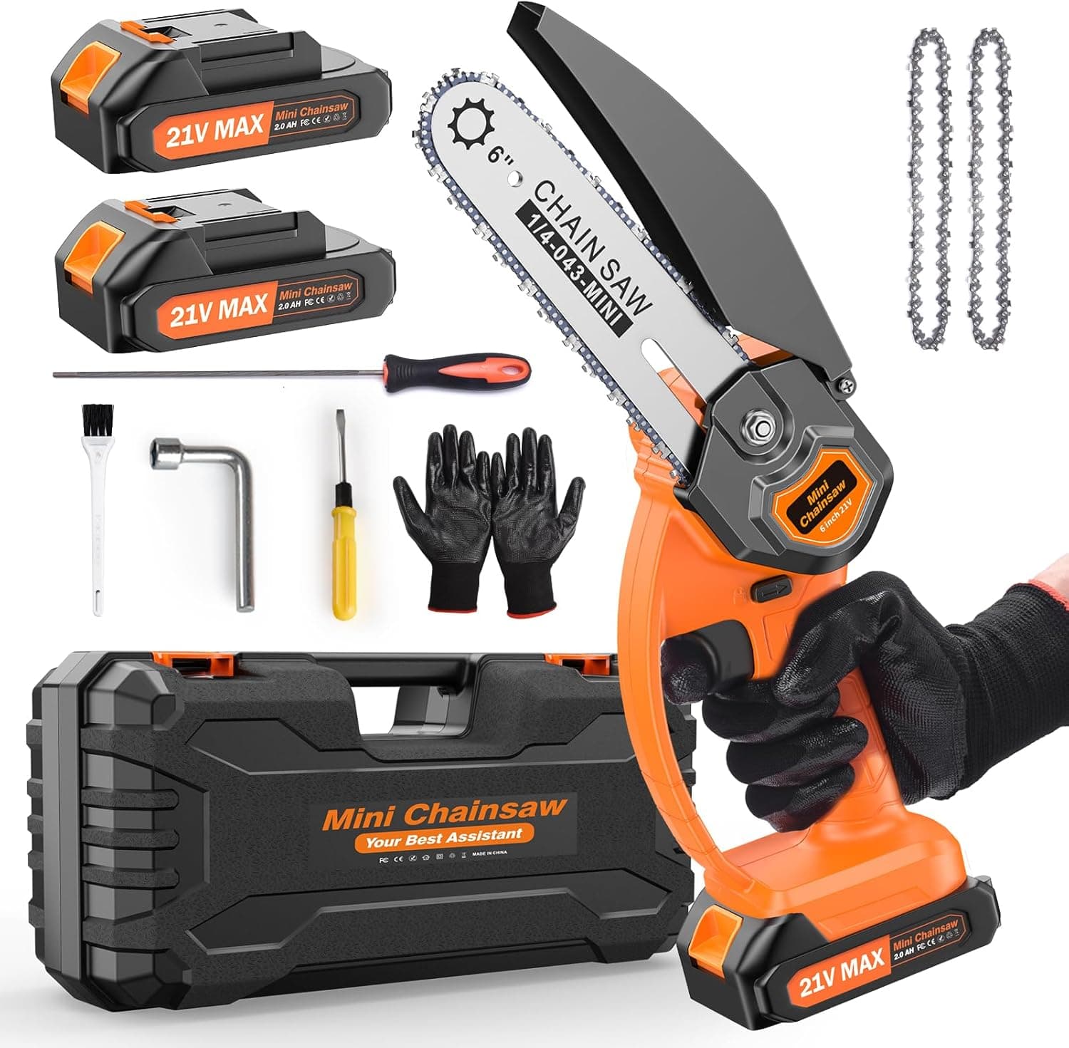 Mini Motosserra Sem Cabo 6 polegadas – 21 V / 2 Ah, com 2 Baterias, Portátil e Elétrica com Fechadura de Segurança, Ideal para Poda de Ramos e Corte de Madeira
