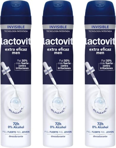 Lactovit - Desodorante extra eficaz para homem, 0% álcool, anti-irritações e 72H de eficiência, 200 ml x 3