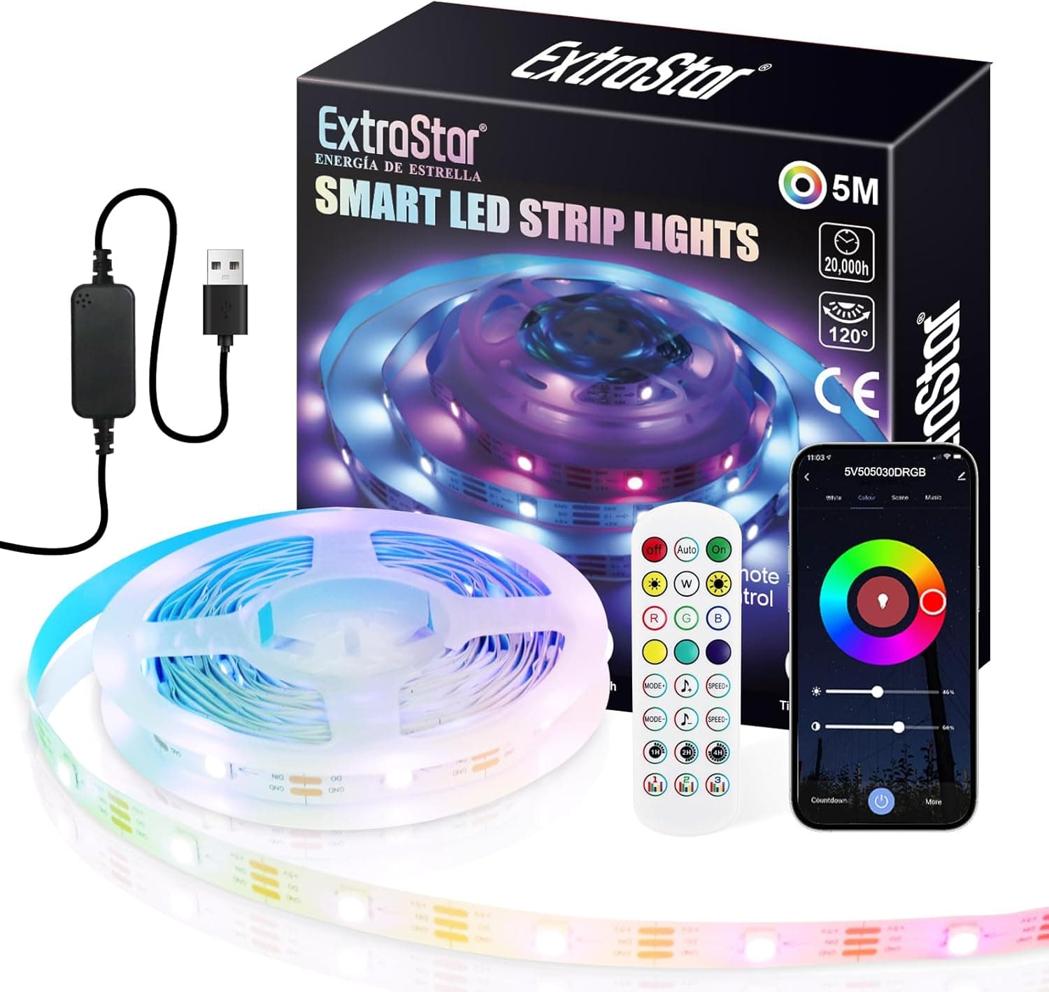 EXTRASTAR Faixa LED de 5 m, luzes LED para quarto com aplicação Bluetooth e controlo remoto, Sync-to-Music, modo de temporização, DIY tiras LED para decoração de quarto, sala de jogos,