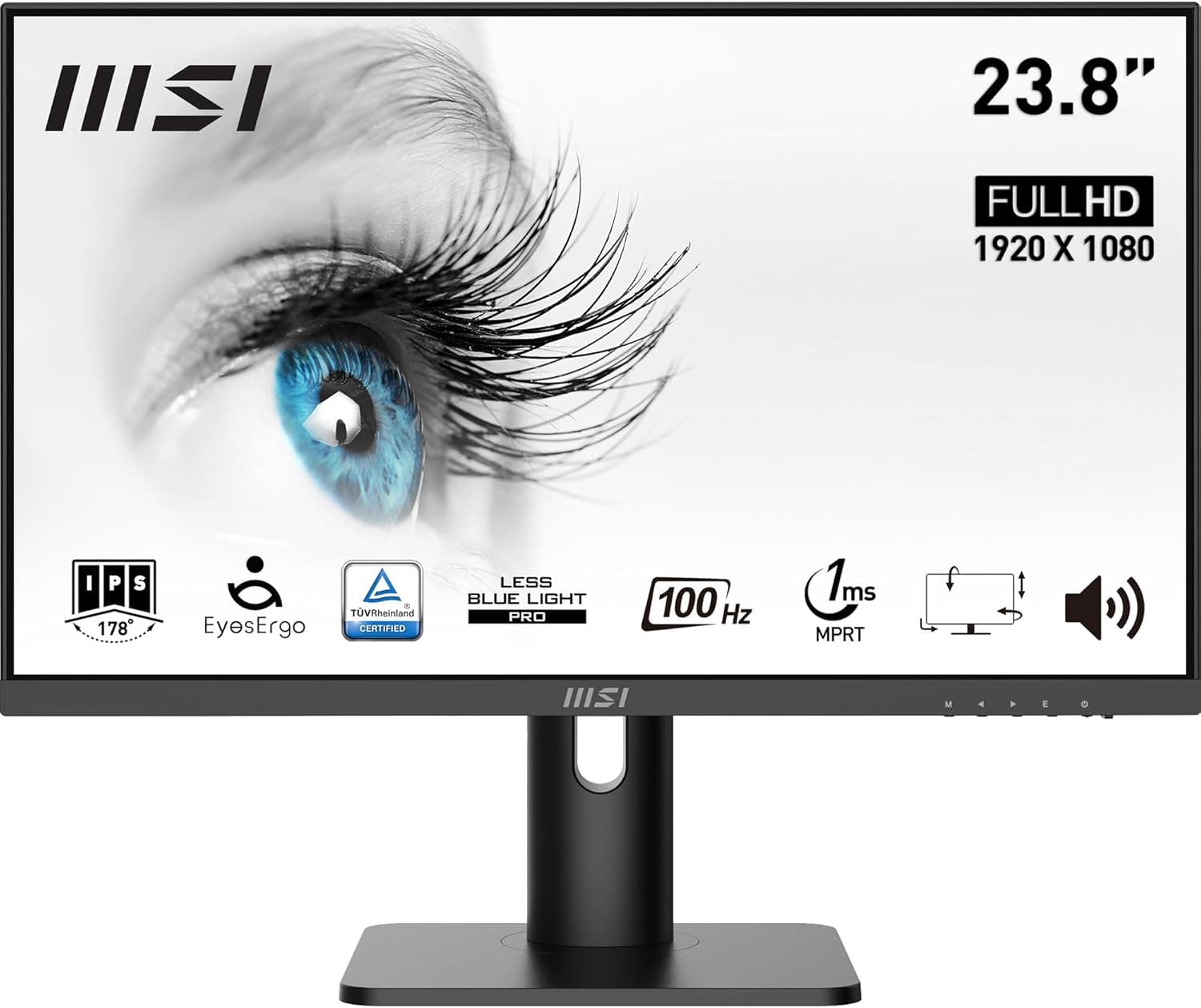 MSI Pro MP243XP Monitor de escritório Full HD de 23,8", painel IPS 1920 x 1080, 100 Hz, ecrã agradável à vista, montagem VESA, altifalantes integrados, suporte kit de ecrã, HDMI