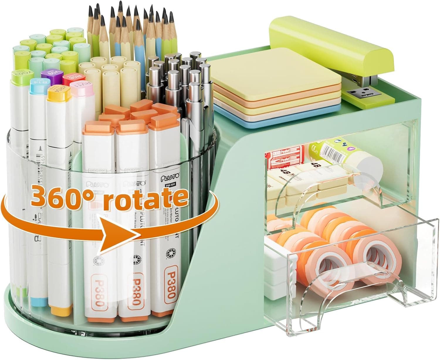 Marbrasse Organizador de mesa com gavetas, suporte giratório de 360 graus com 5 compartimentos, organizador de lápis, caixa de armazenamento de suprimentos de arte (verde)