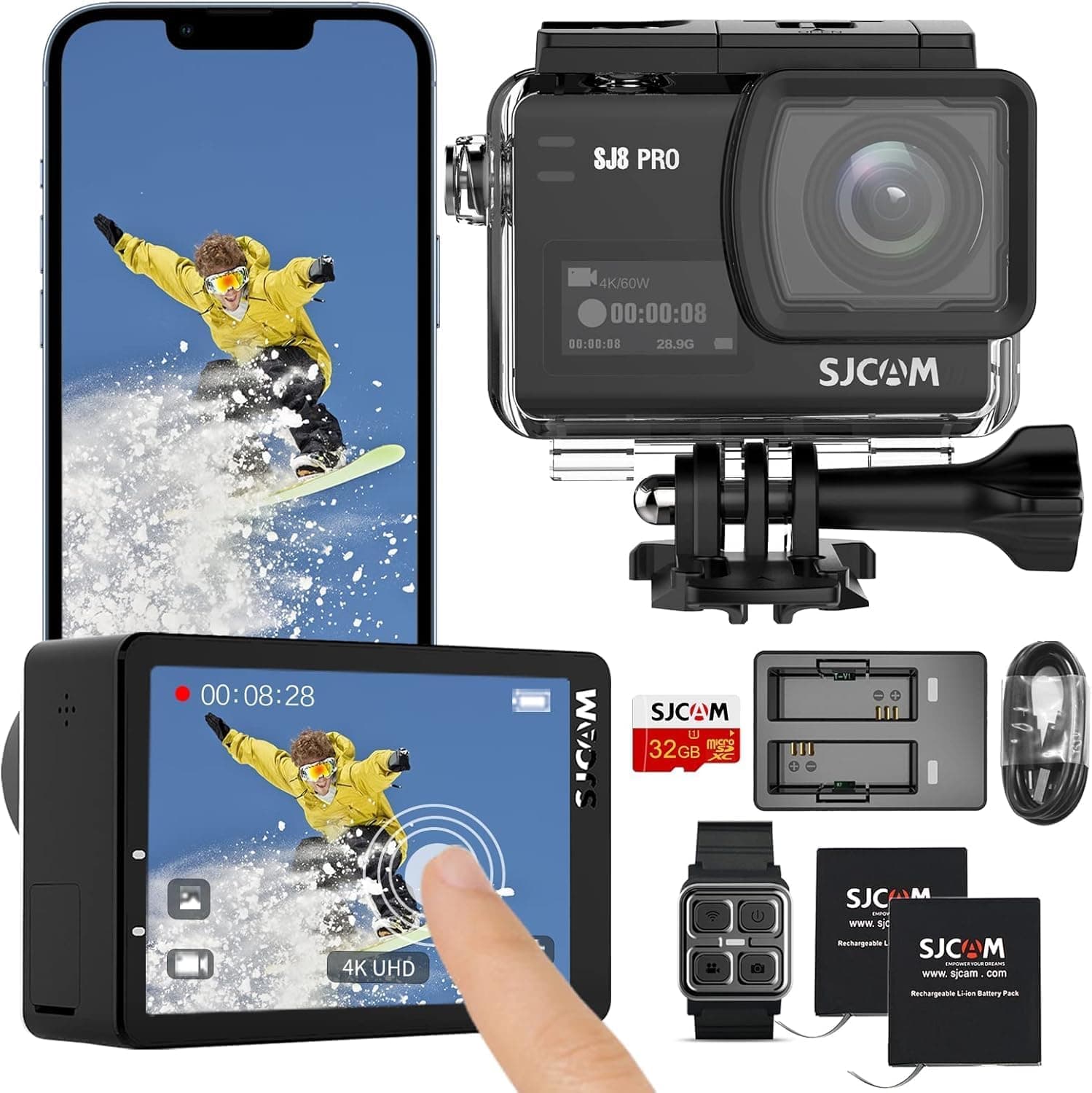 SJCAM SJ8Pro 4K60fps Câmara de ação, WiFi/controlo remoto/ecrã tátil câmara desportiva 170° FOV, 8X zoom, 6-aixs estabilização, 40 m câmara subaquática com cartão SD de 32 G e kit de capacete