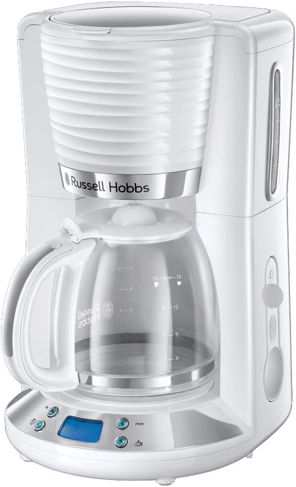 Rusell Hobbs Inspire Cafeteira de gotejamento, 15 chávenas, jarro de vidro de 1,25 l, suporte de filtro removível, tecnologia WhirlTech, colher de medição, ecrã LCD, programável, branco - 24390-56