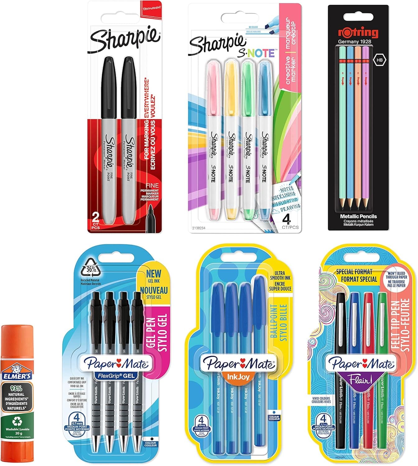 Material de papelaria de papel mate, Sharpie, rOtring e Elmer's, canetas de gel, canetas de marcas, marcadores fluorescentes, lápis HB e barra de cola, ideal para a escola e o escritório