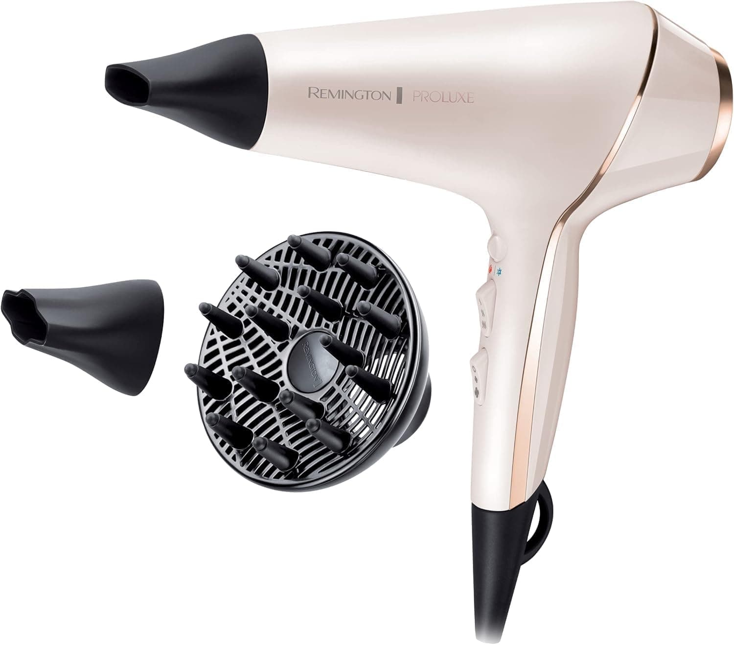 Remington Secador de cabelo PROluxe, Tecnologia OPTIHeat, Iónico, penteados duradouros e sem crescimento, 2400 W, motor AC, difusor e concentrador, 3 temperaturas, 2 velocidades, AC9140, cor rosa
