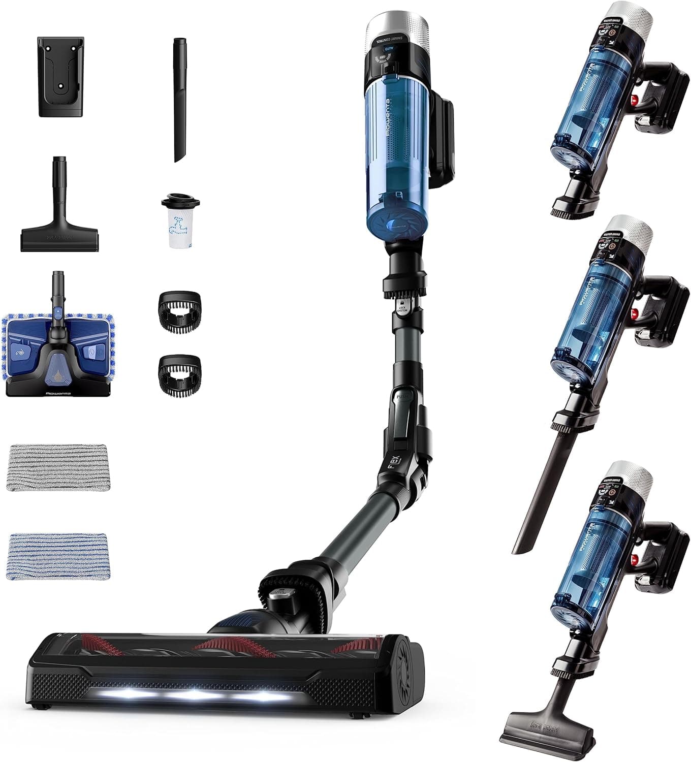 Rowenta Xforce Flex 9.60 Aqua RH20C2 Aspirador de escova sem cabo de 250 W de potência, aspira e fria, função 4 em 1, chão, sofá, parede, tecnologia Flex, inclui acessórios